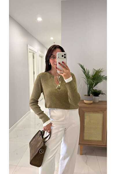 BİRCANÇİL Perosala Khaki Button Detailed Knitwear