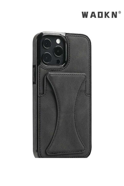 WAOKN جراب جلدي مغناطيسي معدني لهاتف آيفون 16 برو - محفظة سوداء مع فتحة للبطا...
