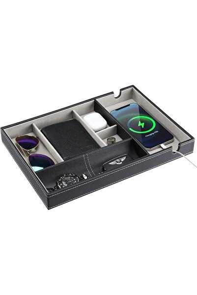 PROCASE Valet Tray Organizer for Men, PU Leather Nightstand Holder - Black