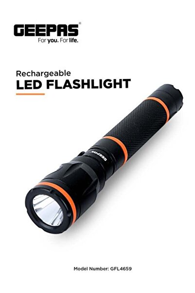 Geepas مصباح يدوي LED قابل لإعادة الشحن ومقاوم للماء، أسود اللون، 152 مم