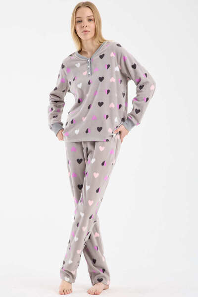 Sementa Heart Patterned Fleece Pajama Set - Gray