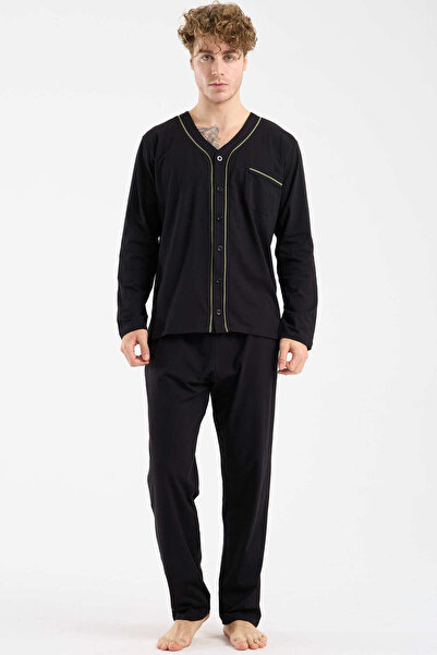 Sementa V-Neck Buttoned Pajama Set - Black