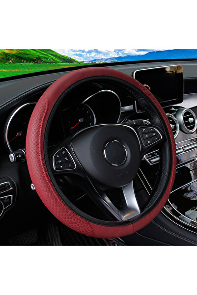 Choice غطاء عجلة قيادة ستيريو للسيارة من الجلد الأحمر النبيذي المنقوش، بدون ح...