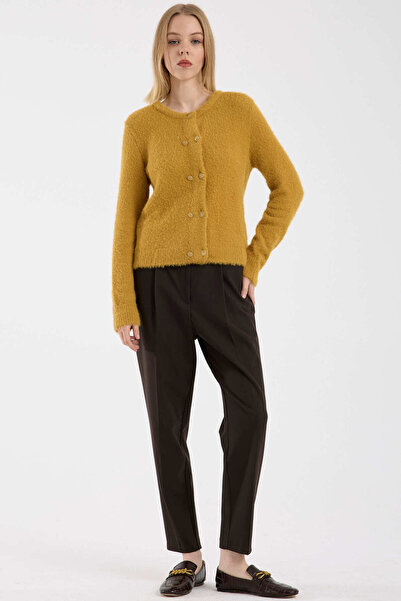 Sementa Bearded Knitwear Cardigan with Metal Button Detail - Mustard