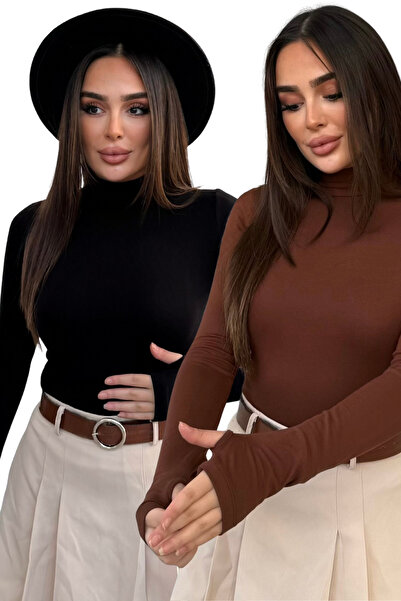 modavingo Women's Black Brown Finger Detail Turtleneck Bodysuit Set of 2