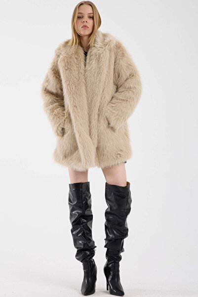 Sementa Lined Long Faux Fur Coat - Beige