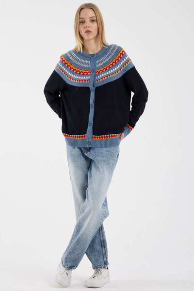 Sementa Ethnic Motif Wool Knitwear Cardigan - Navy Blue