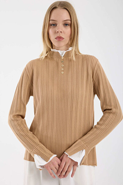 Sementa Corded Fabric Knitwear Sweater with Piece Detail - Camel