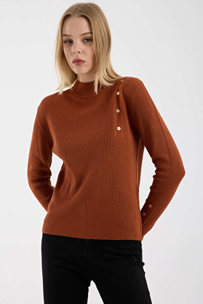 Sementa Düğme Detaylı Fitilli Triko Kazak - Kiremit