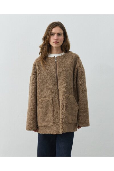 Aybikestil Teddy Fermuarlı Cepli Ceket Camel