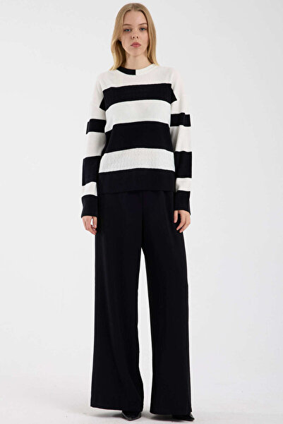 Sementa Block Stripe Off-Shoulder Knit Sweater - Black