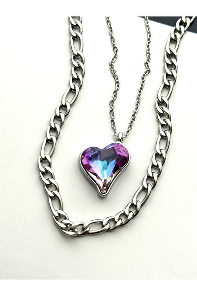 roshel طقم قلادة من الفولاذ المقاوم للصدأ على شكل قلب ثلاثي الأبعاد من الفولا...