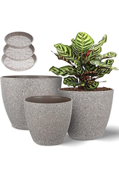 Generic Plant Pots 23/20/18 cm - Set of 3 Plastic Flower Pots for Indoor/Outdoor with Drainage and Saucer, F