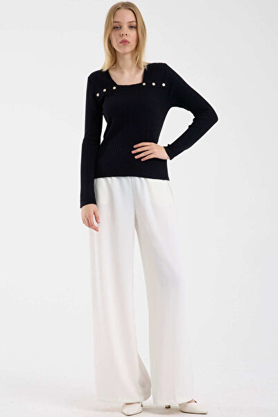 Sementa Square Neck Corded Fabric Knitwear Sweater - Black