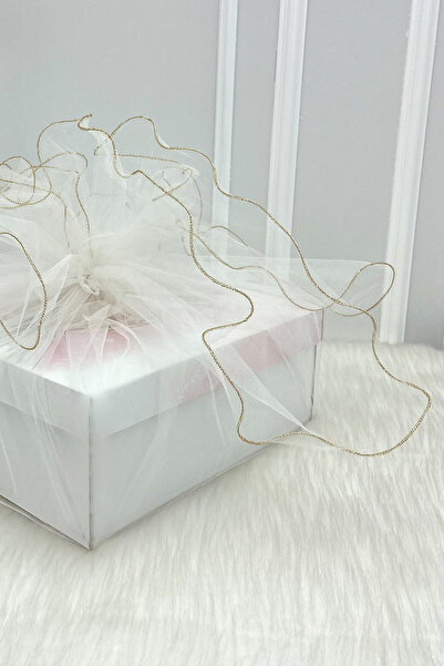 ZEYMERADE White Embellished Tulle, Gold Edge Bohça Dowry Bride Groom Promise Engagement Wedding Suitcase Gift Ornament 150X150Cm