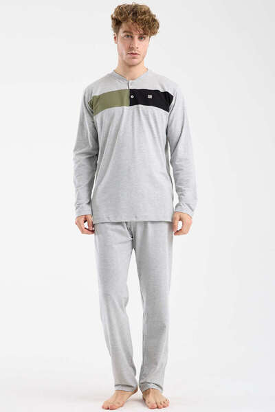 Sementa Block Detailed Regular Fit Pajama Set - Gray