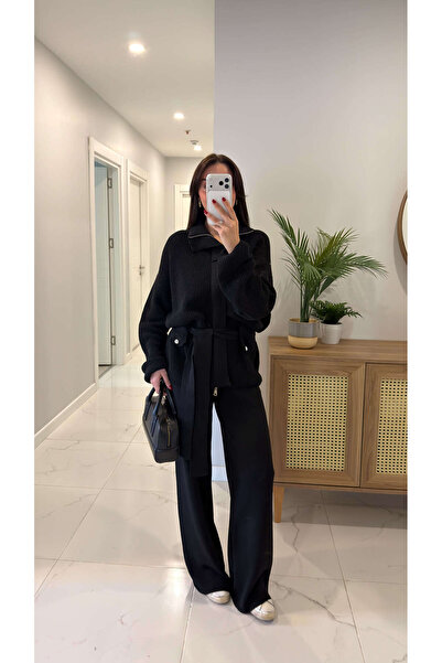 BİRCANÇİL Gonisa Black Belted Cardigan Pants Set