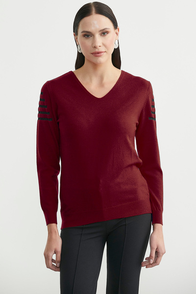 Sementa Sırt Detaylı V Yaka Triko Kazak - Bordo
