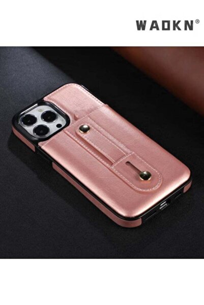 WAOKN جراب جلدي ذهبي وردي لهاتف آيفون 15 برو مع فتحة للبطاقات وحلقة إصبع