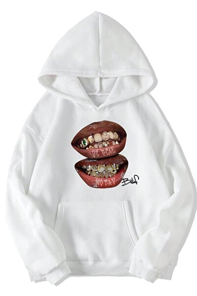 BRZ COLLECTION Unisex supradimensionat (ALB) Be Real No Cap Grillz Tee Hoodie...