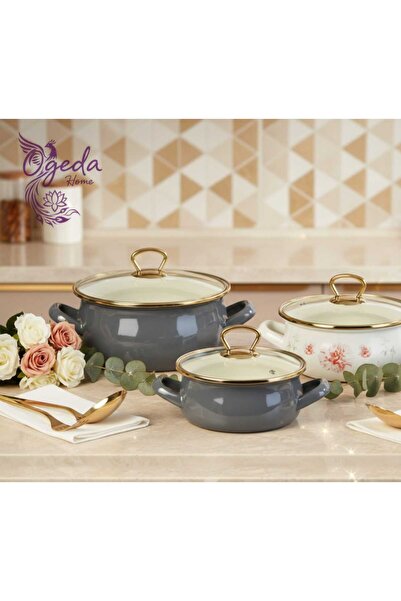 Paçi Emaye 3’lü Tencere ve Güveç Seti–Gri & Çiçek Desenli–Kapaklı, Dayanıklı,Isıya Dayanıklı Pişirme Seti