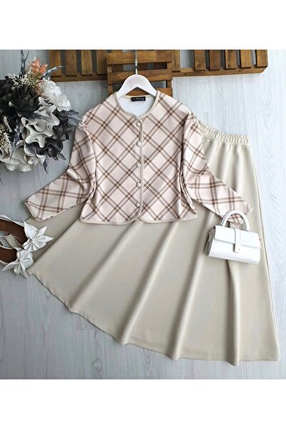 asyadabutik طقم نسائي مكون من سترة وتنورة من قماش الغوص الكلاسيكي الملون