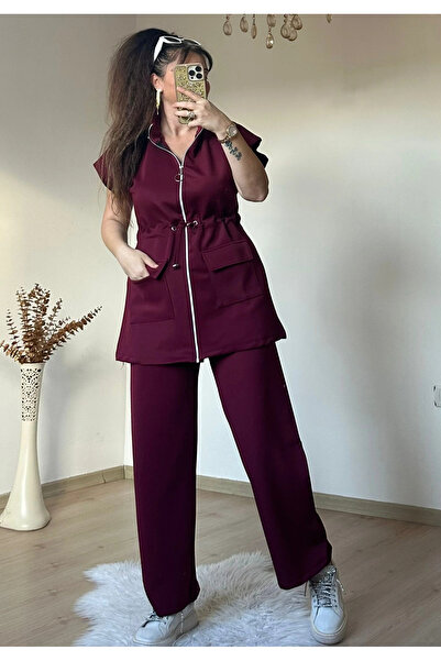 AZRA BUTİK Mock Neck Zippered Vest Set Piece Set Burgundy