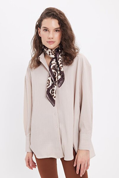 Tudors Women's Oversized wide cut gathered detail long sleeve textured light beige shirt