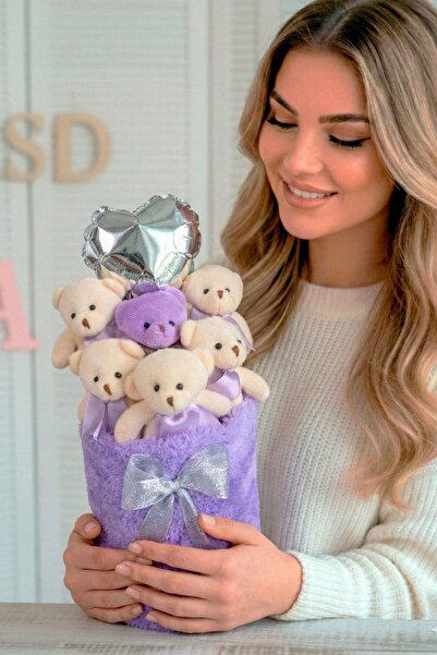 Solemia Deluxe Lila Peluş Silindir Kutuda, Kalpli Balonlu 6’lı Lila Ayıcık Bu...
