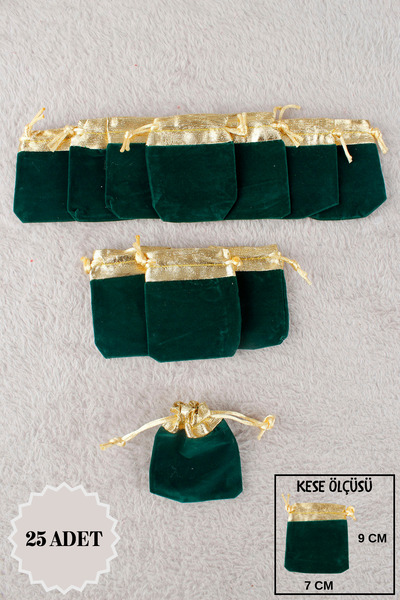Mortex Yeşil Gold Lame Kadife Kese 25 Adet 7x9 Cm Kına, Çerez, Kuruyemiş,Hedi...