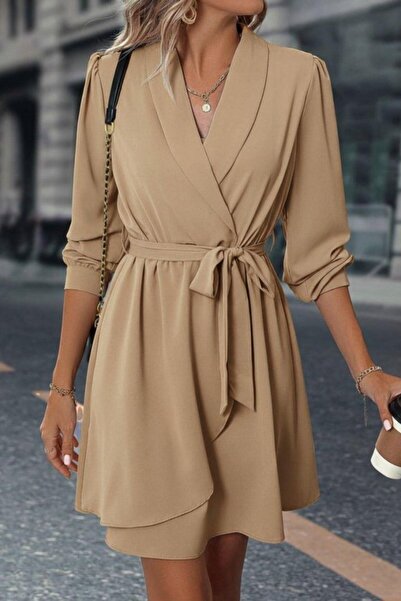 Mossta Double-Breasted Collar Tie-Up Mini Imported Crepe Dress - Beige