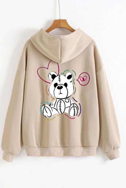 Know Unisex Bej Sweet Bear Baskılı Kapşonlu Fermuarlı Hırka