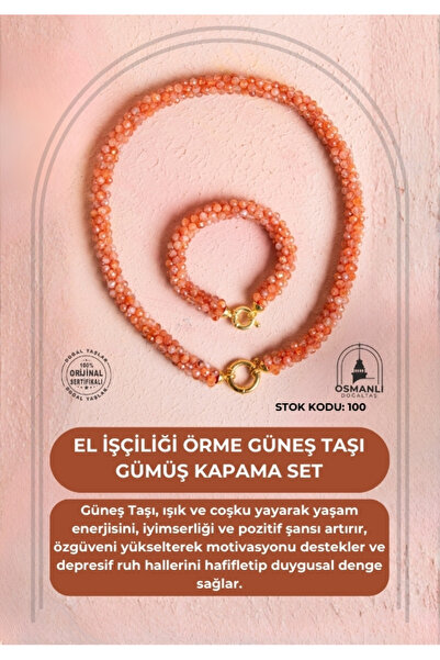 OSMANLI DOĞAL TAŞ Certified Handcrafted Knitted Sunstone Silver Plated Set (Sk:100)