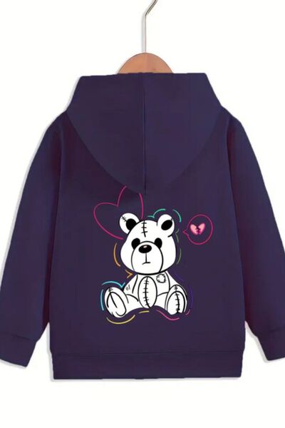 Know Unisex Lacivert Sweet Bear Baskılı Kapşonlu Fermuarlı Hırka