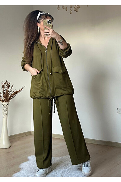 AZRA BUTİK Zippered Sports Set Oil Green
