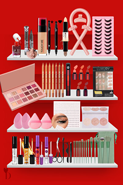 Dami Beauty Mega Makyaj & Saç Seti: 18'li Far Paleti, 5'li Ruj, Eyeliner, Kontür, Fırça, Bigudi + Sticker Seti