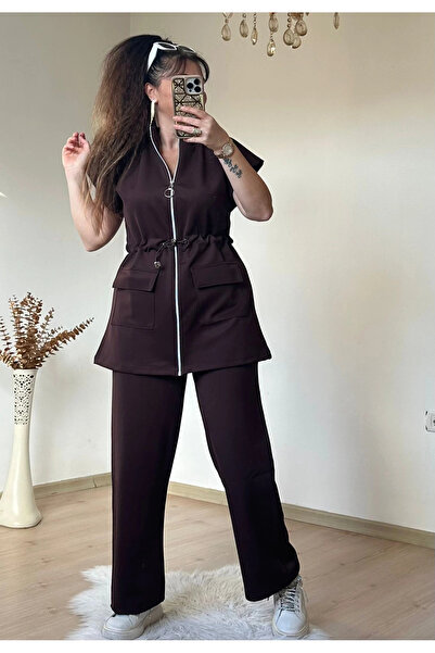 AZRA BUTİK Mock Neck Vest Set Sets of Coffee with Zipper Closure