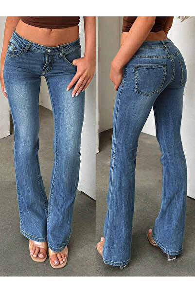 Shevadne Mavi Düşük Bel İspanyol Paça Jean Pantolon Vintage Yıkamalı Günlük Sokak Stili