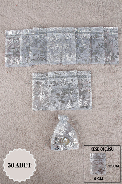 Mortex Gümüş Baskılı Tül Kese 50 Adet 9x12 Cm Kına, Çerez, Kuruyemiş, Hediyel...