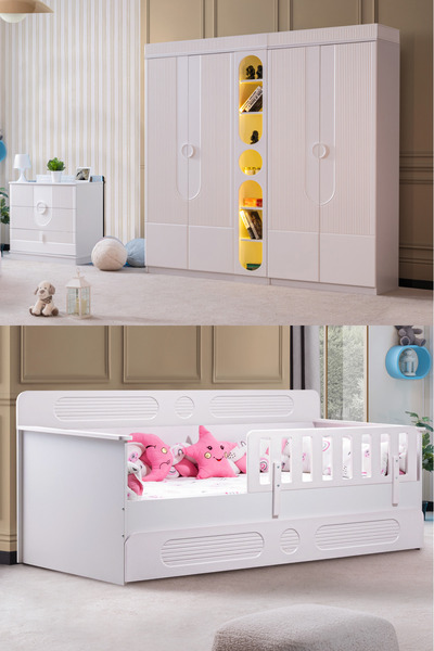 Setay Çocuk Odası Takımı, Flora Yavrulu Karyola, Vira 4 Kapaklı Dolap, Şifony...