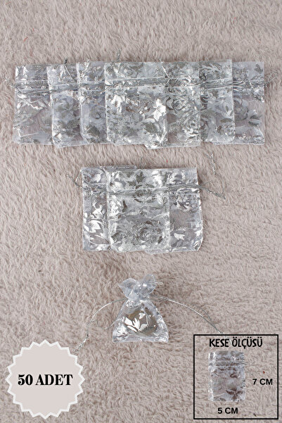 Mortex Gümüş Baskılı Tül Kese 50 Adet 5x7 Cm Kına, Çerez, Kuruyemiş, Hediyeli...