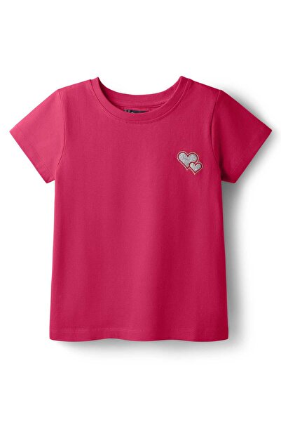 Pine kids Cotton Knit Half Sleeves T-Shirt With Heart Print - Dark Pink