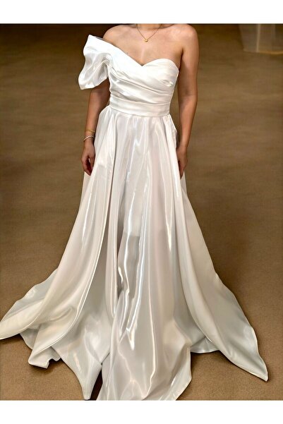 OLA Galya Tek Kol Saten Parlak Beyaz Renk Abiye Elbise