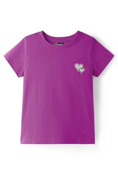 Pine kids Cotton Knit Half Sleeves T-Shirt With Heart Print - Purple