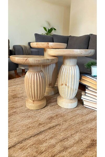 Simillo Home&Living Wood Wooden Ahşap 3’lü Set Fitilli Mantar Yan Sehpa Moder...
