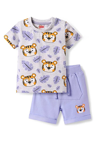 Babyhug Single Jersey Knit Half Sleeves Tiger Printed T-Shirt & Shorts Set - Lavender