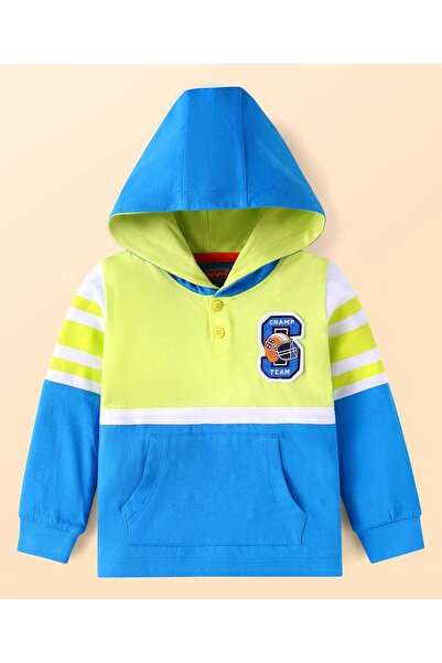 Babyhug تيشيرت بأكمام طويلة بغطاء رأس رأس مع رقعة نصية وجيوب أمامية - أزرق وأ...