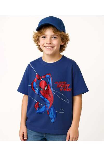 Pine Kids Marvel تيشيرت قصة فضفاضة بأكمام نصف منسدلة ورسومات سبايدرمان - أزرق...