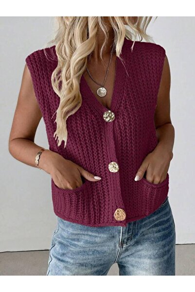 ATE ÖZGÜNEŞ TRİKO TEKSTİL Women'S, Rib Knit V-Neck Buttoned Cardigan, Vest