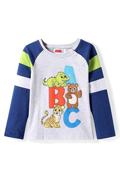 Babyhug Full Raglan Sleeves Top With Animal & Alphabet Print - Light Grey & Navy Blue